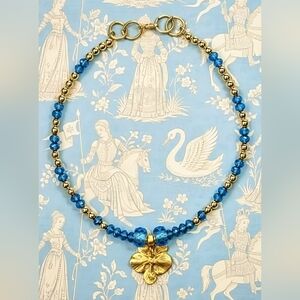 Blue Glass and Gold Ball Beads in Gold Plated Necklace or Choker with Orchid